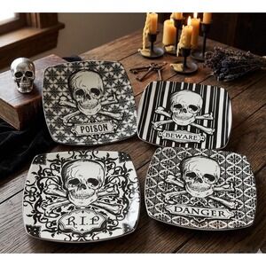 Set 4 HALLOWEEN SKULLS 6" Square Plates Dessert Appetizer Salad By 222 Fifth EUC